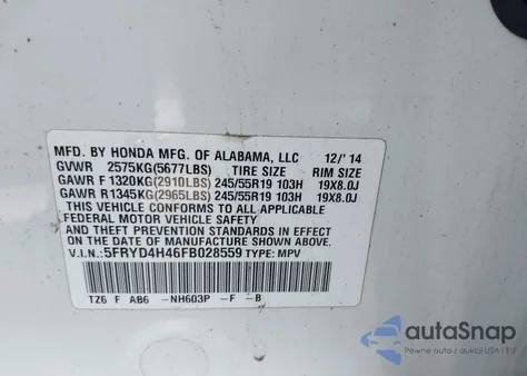 2015 Acura Mdx Technology Package from USA, damaged, VIN 5FRYD4H46FB028559